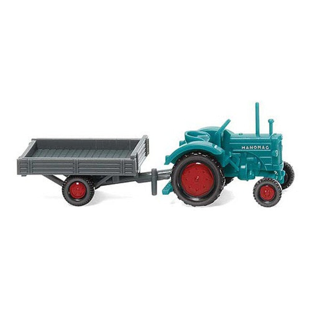 Wiking 95304 N Scale 1953-1958 Hanomag R16 Farm Tractor with Single-Axle Trailer - Assembled -- Blue, Red with Gray Trailer