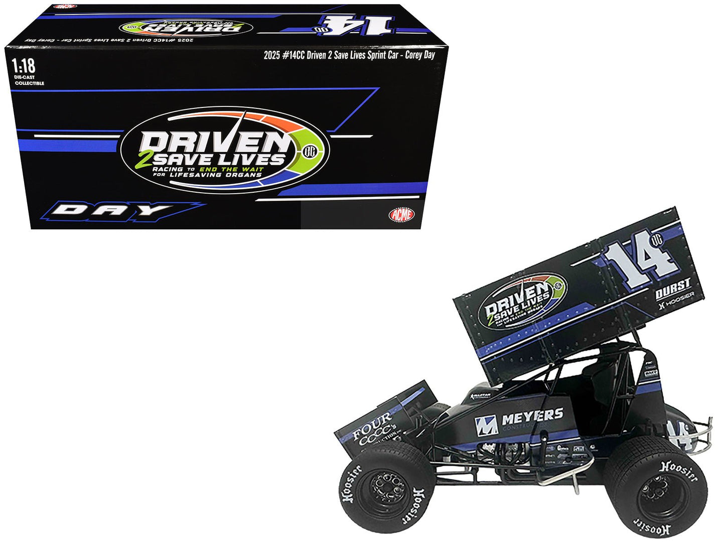 Winged Sprint Car #14CC Corey Day (Blue Version) "Driven 2 Save Lives" Jason Meyers Racing (2025) 1/18 Diecast Model Car by ACME  free shipping USA