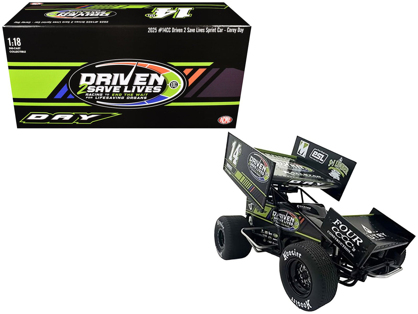 Winged Sprint Car #14CC Corey Day (Green Version) "Driven 2 Save Lives" Jason Meyers Racing (2025) 1/18 Diecast Model Car by ACME  free shipping USA