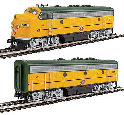 Walthers Mainline 910-19947 HO Scale EMD F7 A-B Set - ESU Sound and DCC -- Chicago & North Western(TM) #401, 410 (Early 1990s Stagecoach Yellow, green)