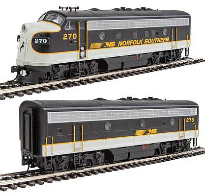 Walthers Mainline 19954 HO Scale EMD F7 A-B Set - ESU Sound and DCC -- Norfolk Southern #270, #275 (Tuxedo: black, Imitiation Aluminum, Dulux Gold)