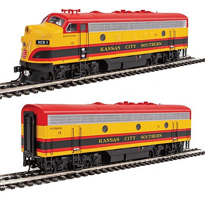 Walthers Mainline 9941 HO Scale EMD F7 A-B Set - Standard DC -- Kansas City Southern #1 "Shreveport", 3 "Pittsburg" (Belle; yellow, red, green